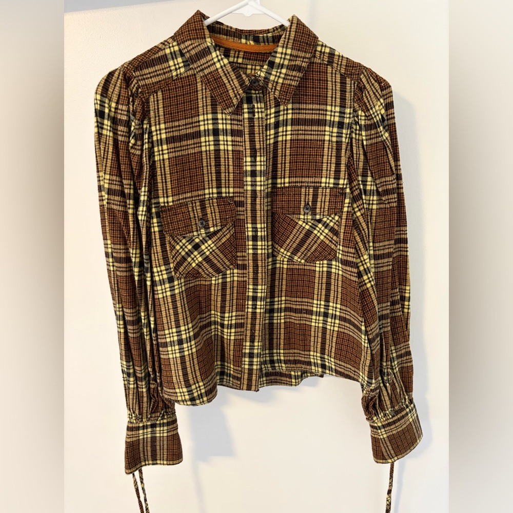 Free People-Brown and Yellow Plaid Button-Up Shirt